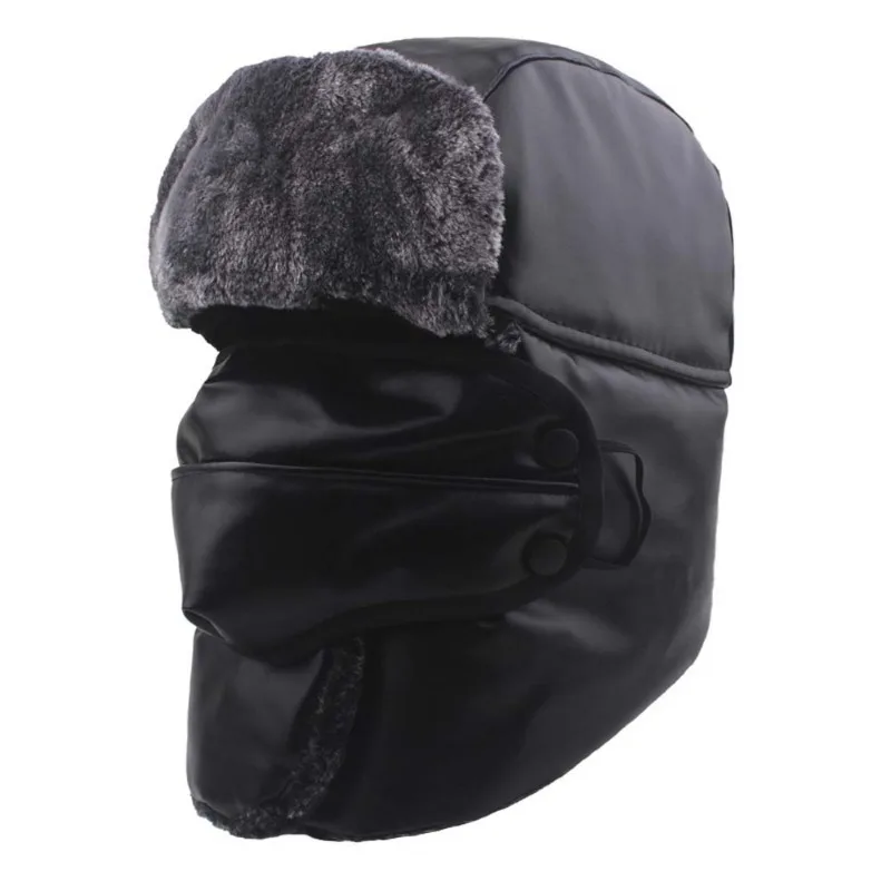 Winter PU lederen maskerhoed Outdoor Fleece gewatteerde warme bommenwerperhoed Winddicht Koudbestendig Gehoorbescherming Cap Russische hoed Unisex