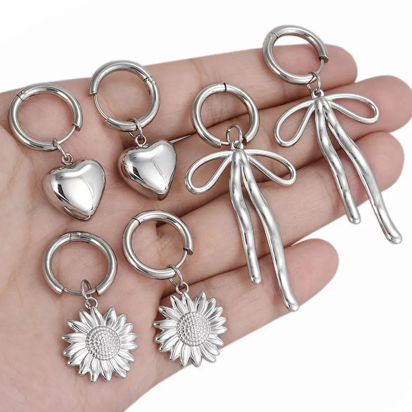 1pair Silver Color Love Heart Bowknot Charm Earring Stainless Steel Hoops Earrings For Women Men Accessories Sunflower Jewelry