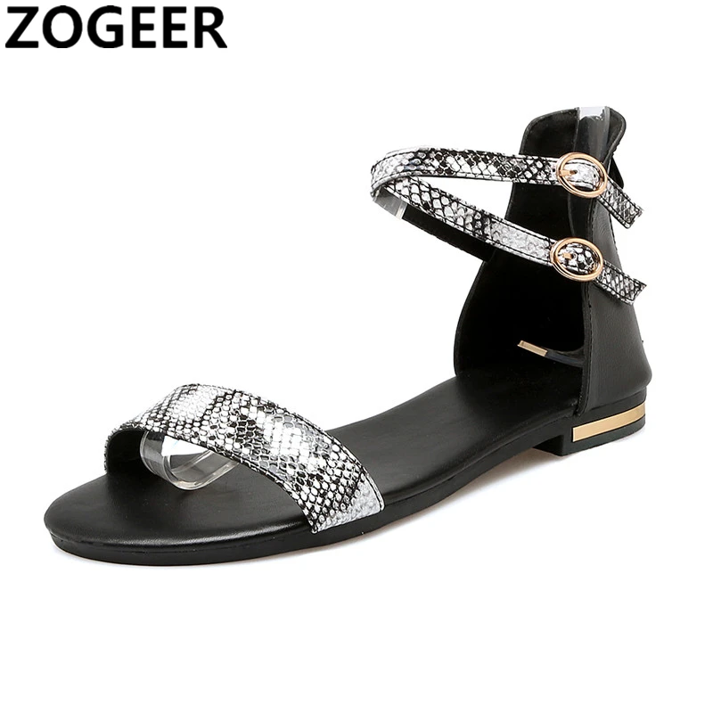 Summer Women's Sandals Genuine Leather Flat Shoes Flip Flops Casual Ankle Strap Snake Print Flat Gladiator Sandals Shoes Girls