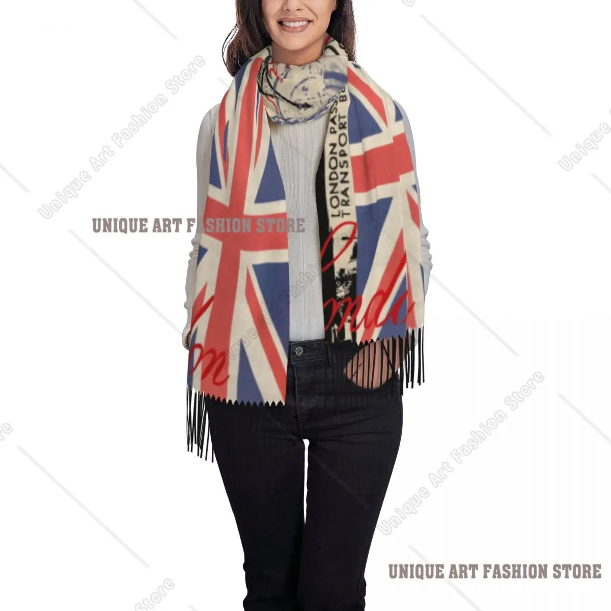 مخصص ريترو خمر لندن شرابة وشاح المرأة شتاء خريف شالات دافئة يلتف الإناث المملكة المتحدة العلم البريطاني الأوشحة