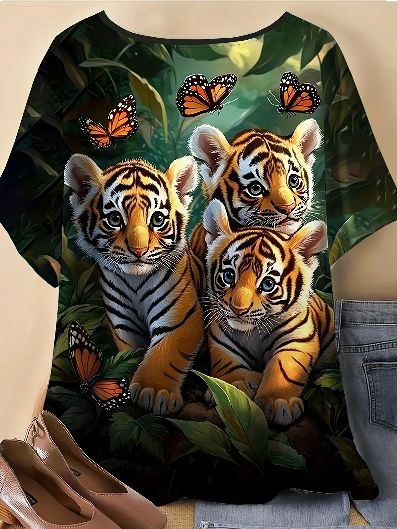 Women Cute Baby Tiger Butterfly 3D Print T‑Shirt,O‑Neck Short Sleeve Jungle Animal Casual Summer Blouse Tops
