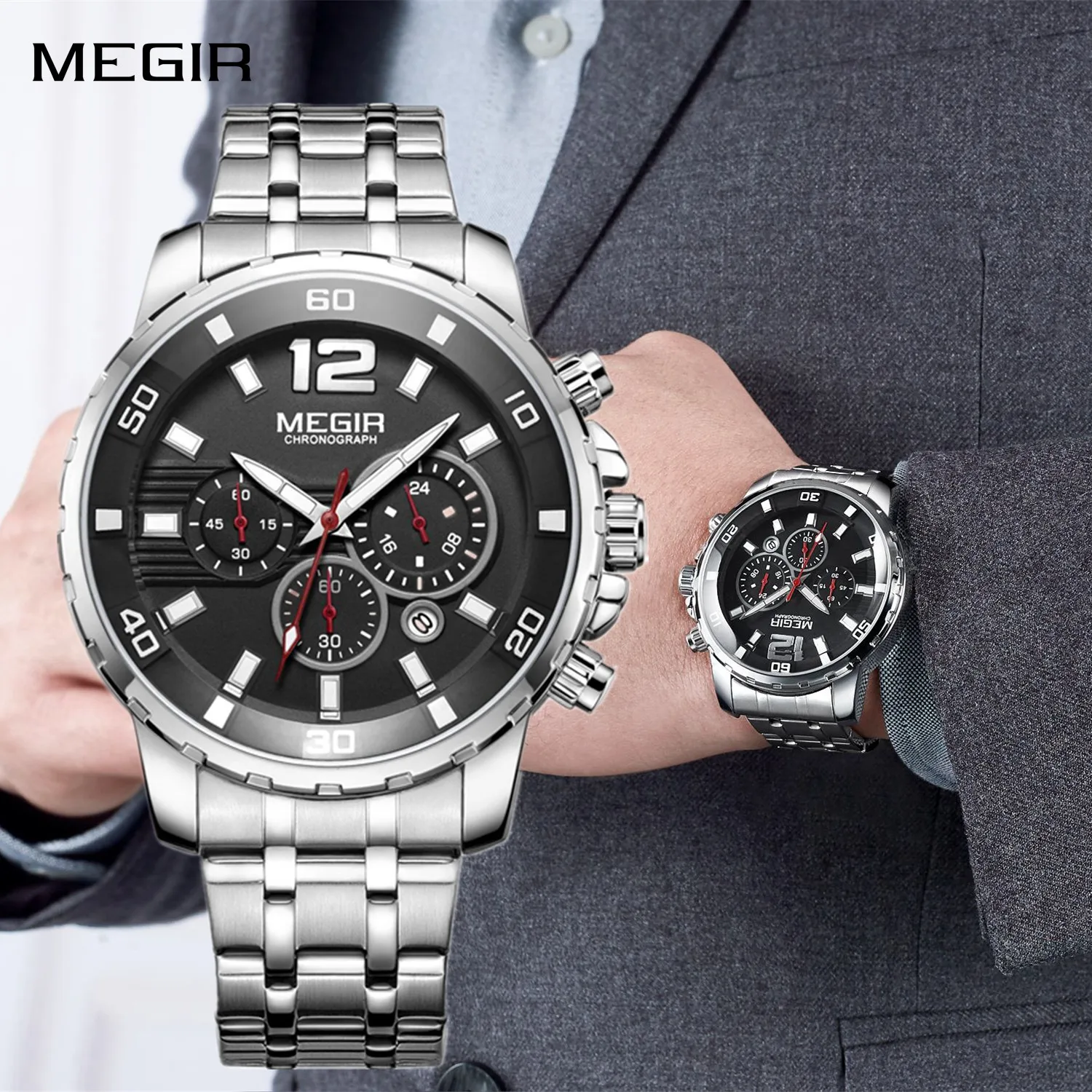 

MEGIR Stainless Steel Business Watches for Men Luxury Quartz Casual Wristwatch Luminous Waterproof Date Clock Chronograph 2068