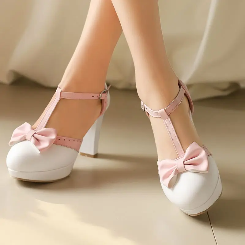 REAVE CAT Sweet Mary Janes Female Pumps Chunky Heels 9cm Platform 2cm T-Strap Bowknot Big Size 46 47 48 Lolita Style Dress Shoes