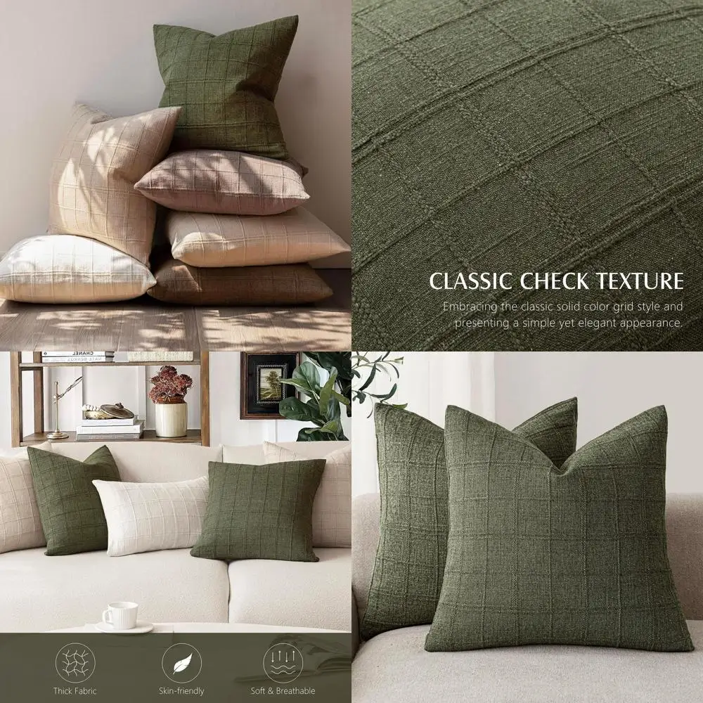 

Set of 2 Linen Throw Pillow Covers, Neutral Farmhouse Style, Vintage & Modern Boho Decor, Olive Green, 24x24 Inches