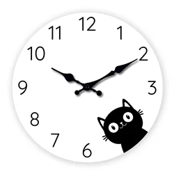Modern Minimalist Black Cat Wooden Wall Clock for Living Room, Bedroom, Kitchen, Home Decoration, Silent Quartz Clock, Holiday Gift, 10 Inches, 12 Inches (No Battery)