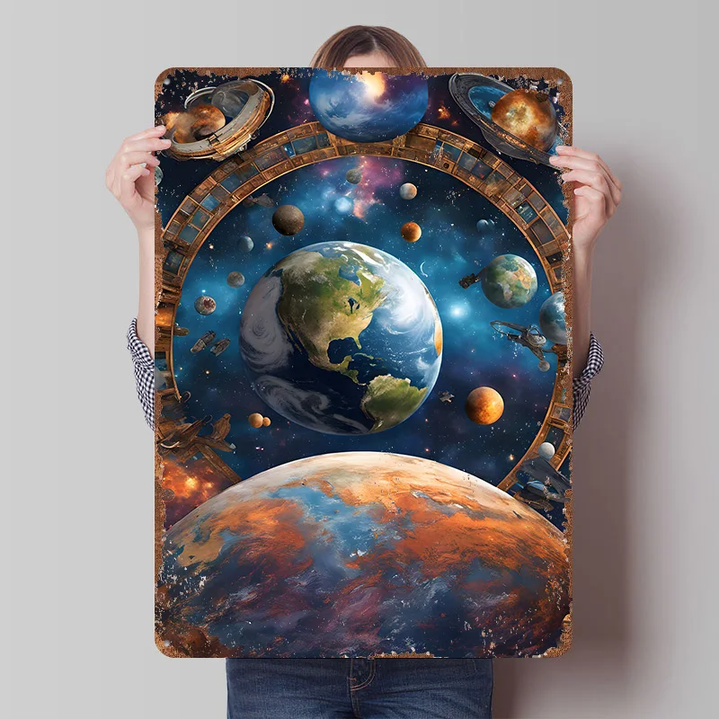 Earths Tale Amid Stars Bedrucktes Poster, personalisierte Wandkunst, Retro-Vintage-Metallblechschilder für Zuhause, individuelle Platten, Bar-Zubehör