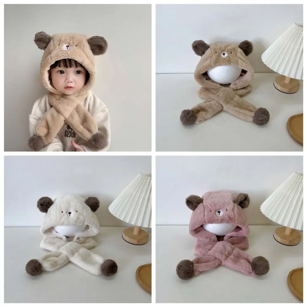 

Сплошной цвет, плюшевая шапка с медведем, корейский стиль, модный дизайн, детская флисовая шапка, тканевые аксессуары с героями мультфильмов, плюшевая шапка с шарфом