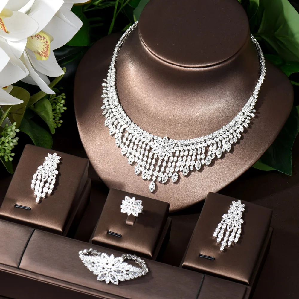 HIBRIDE Top Cubic Zirconia Flower Dinner Party Women Big Necklace Earrings Dubai Nigerian Wedding Jewelry Sets Bijoux N-116