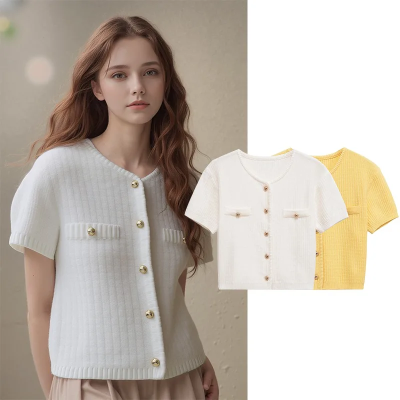 

TRAFZR Short Sleeve Cardigan Women Women's Knit Elegant Cardigans Knitwear Summer Outerwears Bolero Sweater Yellow Knitted Crop