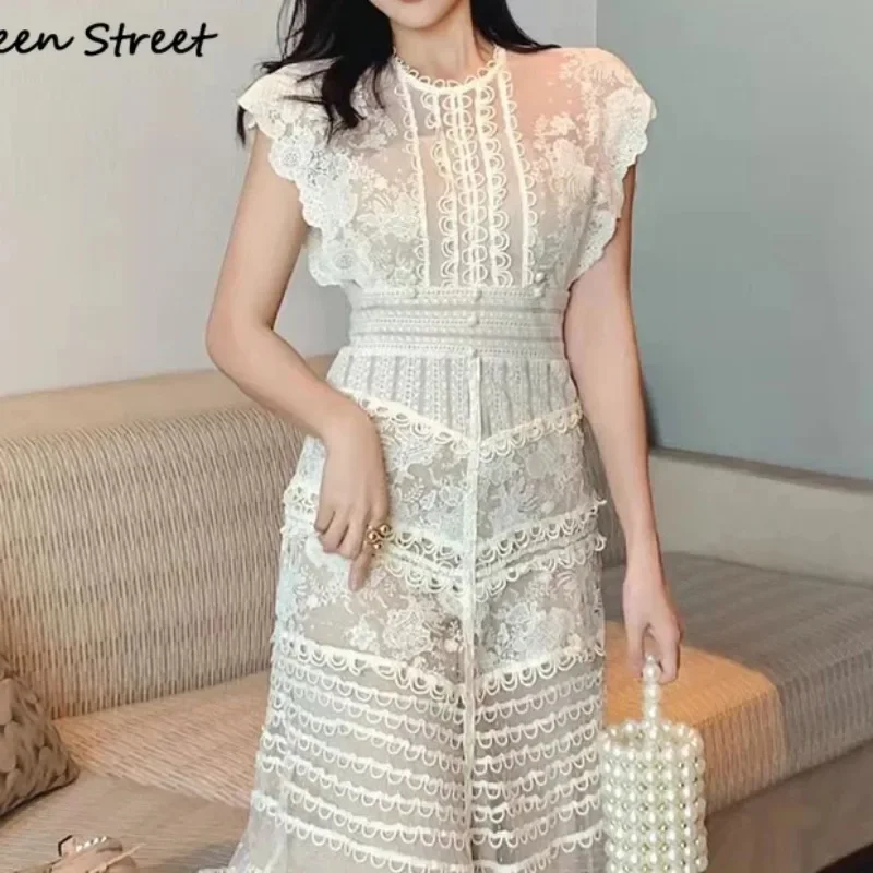 Vintage Lace Dress Women O-neck High Waisted Elegant Embroidery Flora Bodycon Dress Female Party Patchwork Runway Clothing