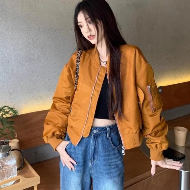 2026 Women's Vintage Baseball Bomber Jacket Loose Cropped Flight Coat Spring Autumn Trendy Casual Streetwear Top