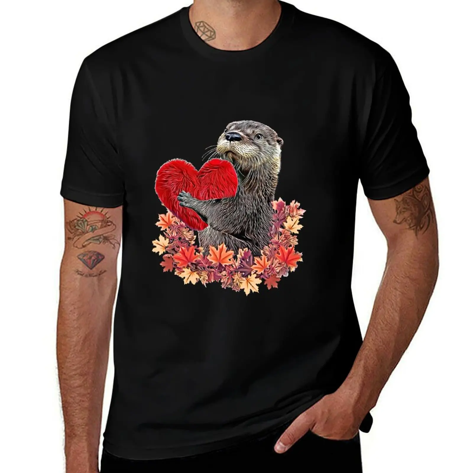 

Otter and sweet red heart, adorable animals T-Shirt Blouse cotton graphic tees plain white t shirts men