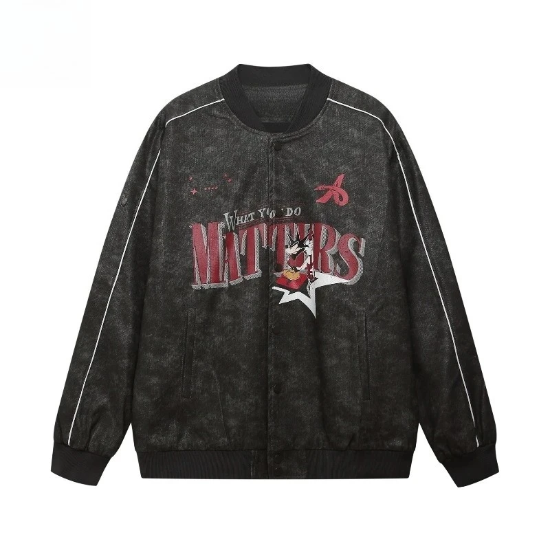 

American Retro Cartoon Letter Print Baseball Jacket Unisex 2025 Fall Winter Loose Casual Coat