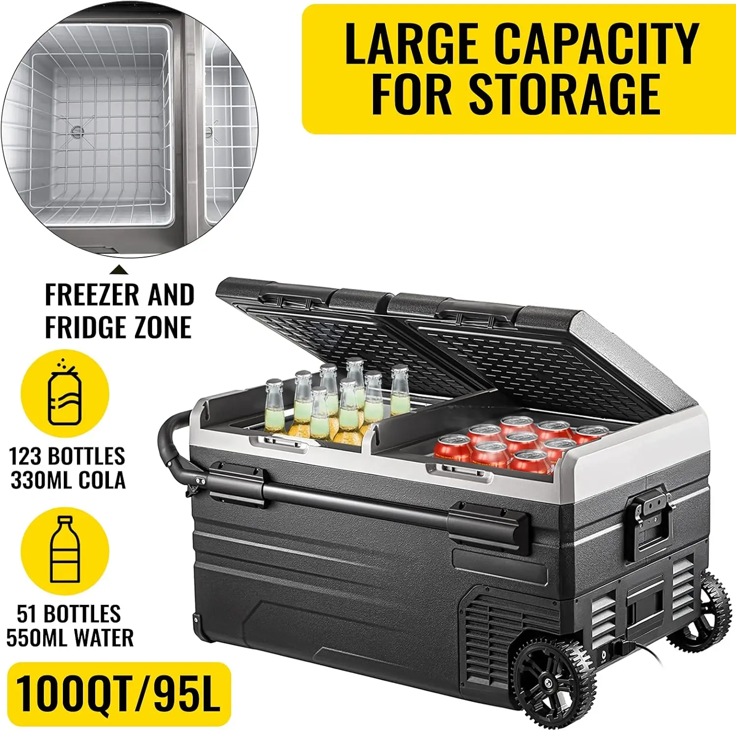 Car Freezer, 100 Quart Portable Refrigerator Freezer, 95L Dual Storage Zone Camping Freezer, -4℉-68℉ 12 Volt