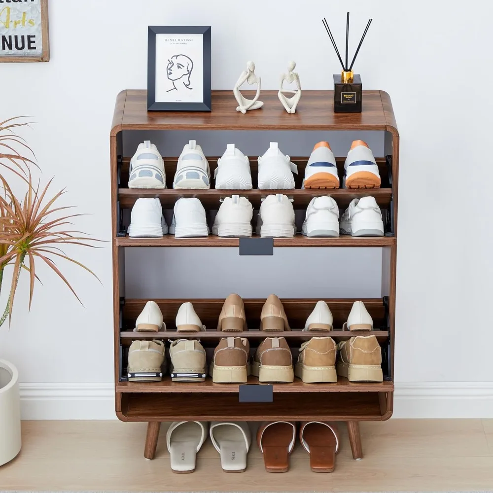 細身のウォールナット製シューズキャビネット、溝付きデザインと2つの跳ね上げ式引き出しで玄関収納に最適