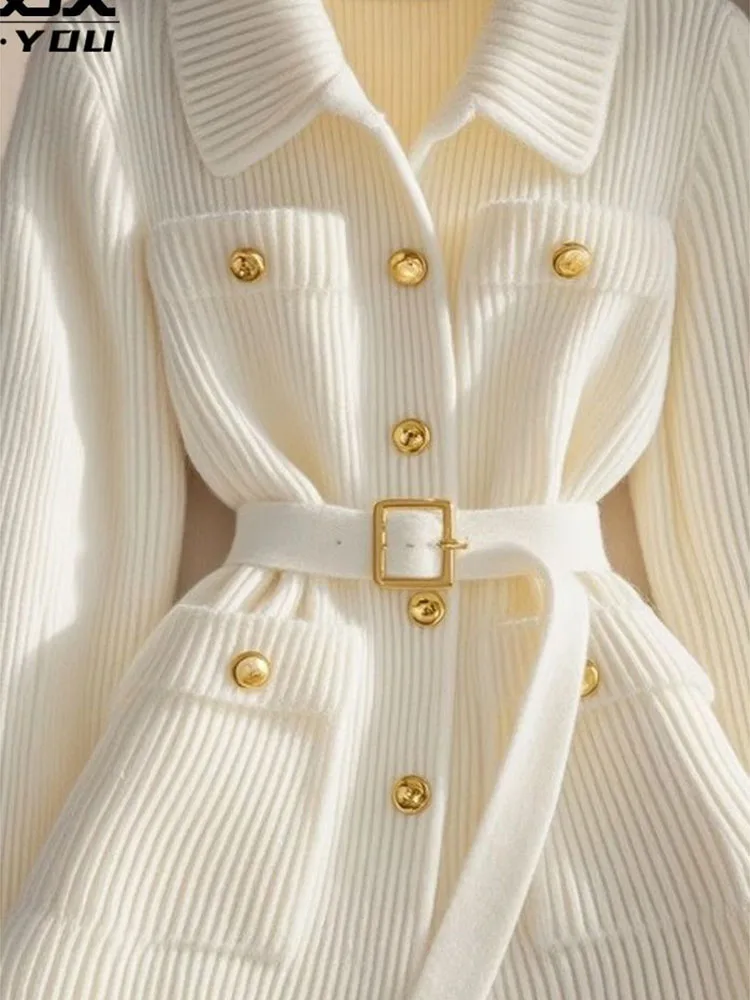 High end white small fragrant style sweater jacket women's autumn winter new lazy style waist cinched knit sweater top