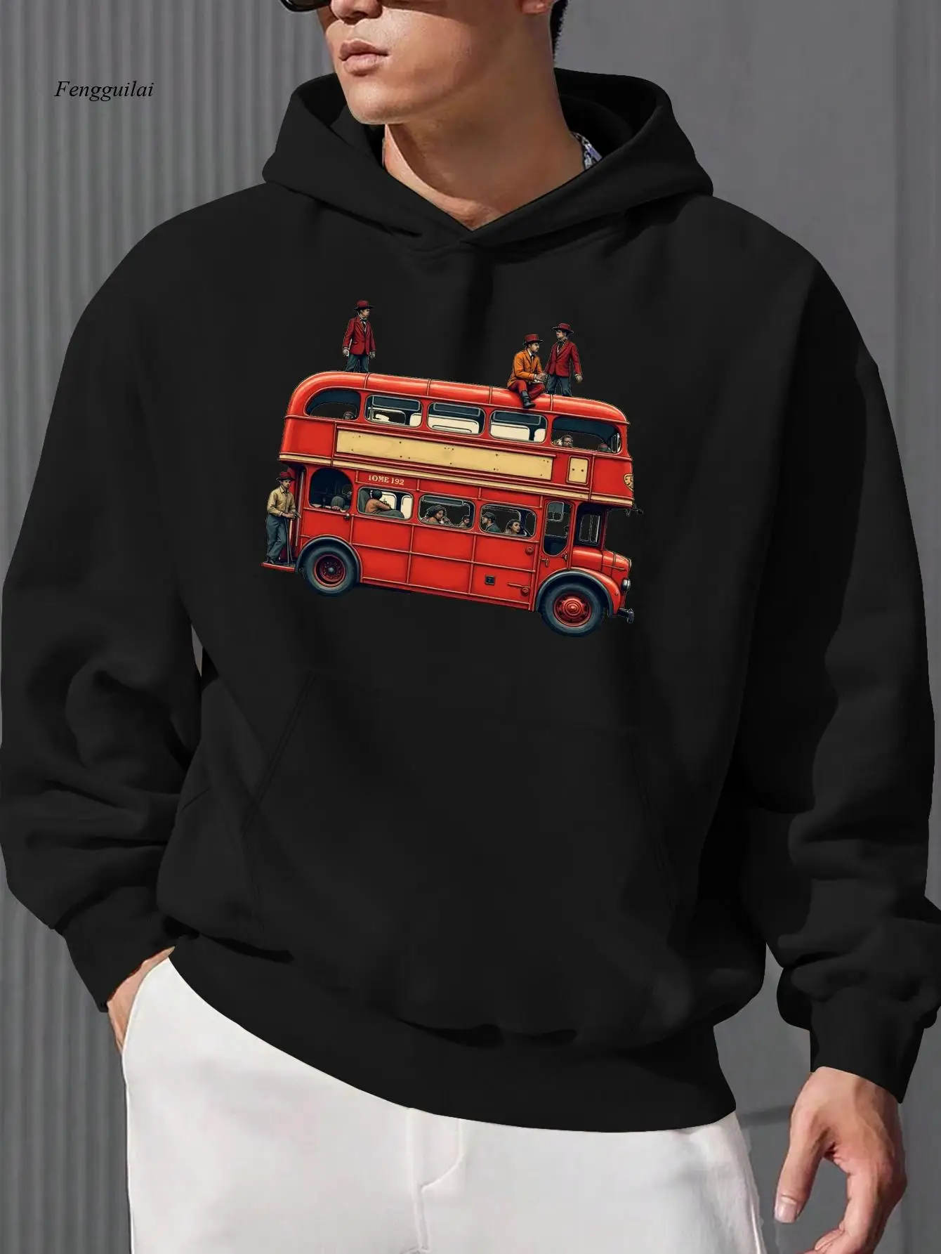 

Винтажная толстовка с капюшоном London Red Double Decker Bus — культовая толстовка с британским принтом такси и белой линией, пуловер свободного покроя