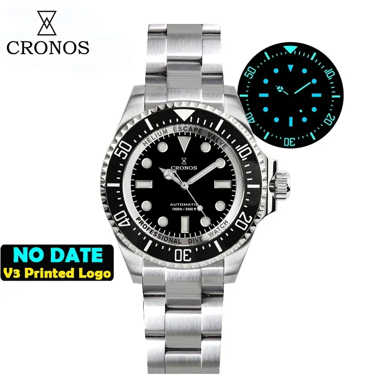 Cronos Automatic Diving Man Watch Stainless Steel Bracelet 2000 Meters Water Resistance Professional Diver Men's Watches L6009M