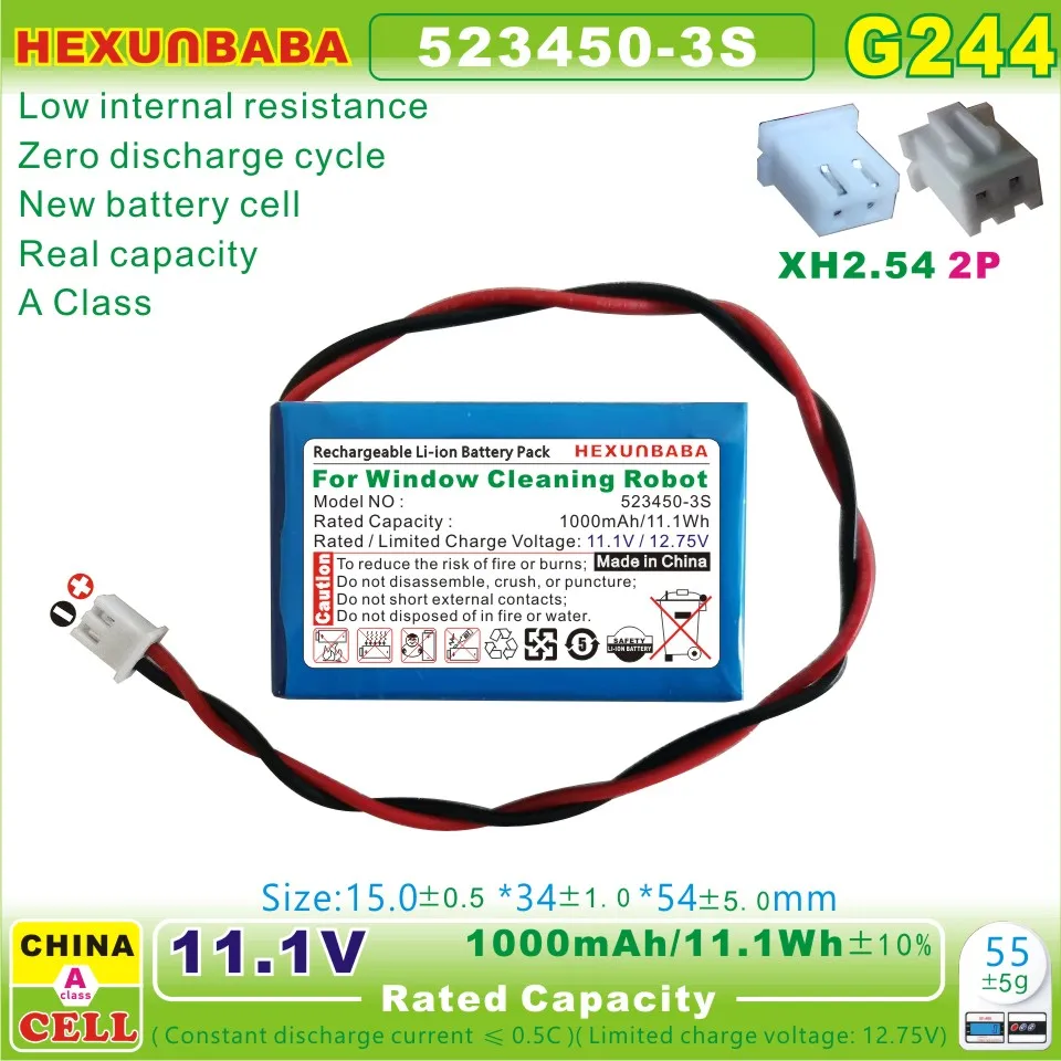 Литий-ионный аккумулятор 523450-3S 11,1 В 1000 мАч XH2.54 для HUTT, эскова, WINBOT, HOBOT, робот для мытья окон 503450-3S G244 G245