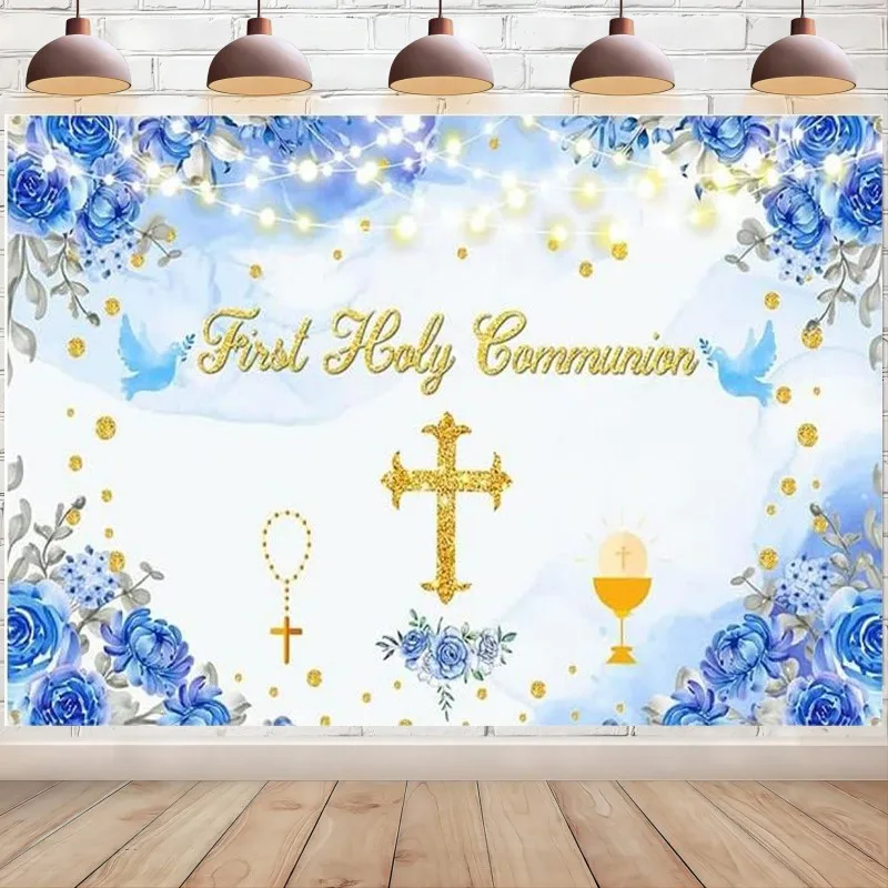 First Holy Communion Backdrop Christening Baptism God Bless Party Decoration Banner Blue Baby Shower Photo Background for Boys