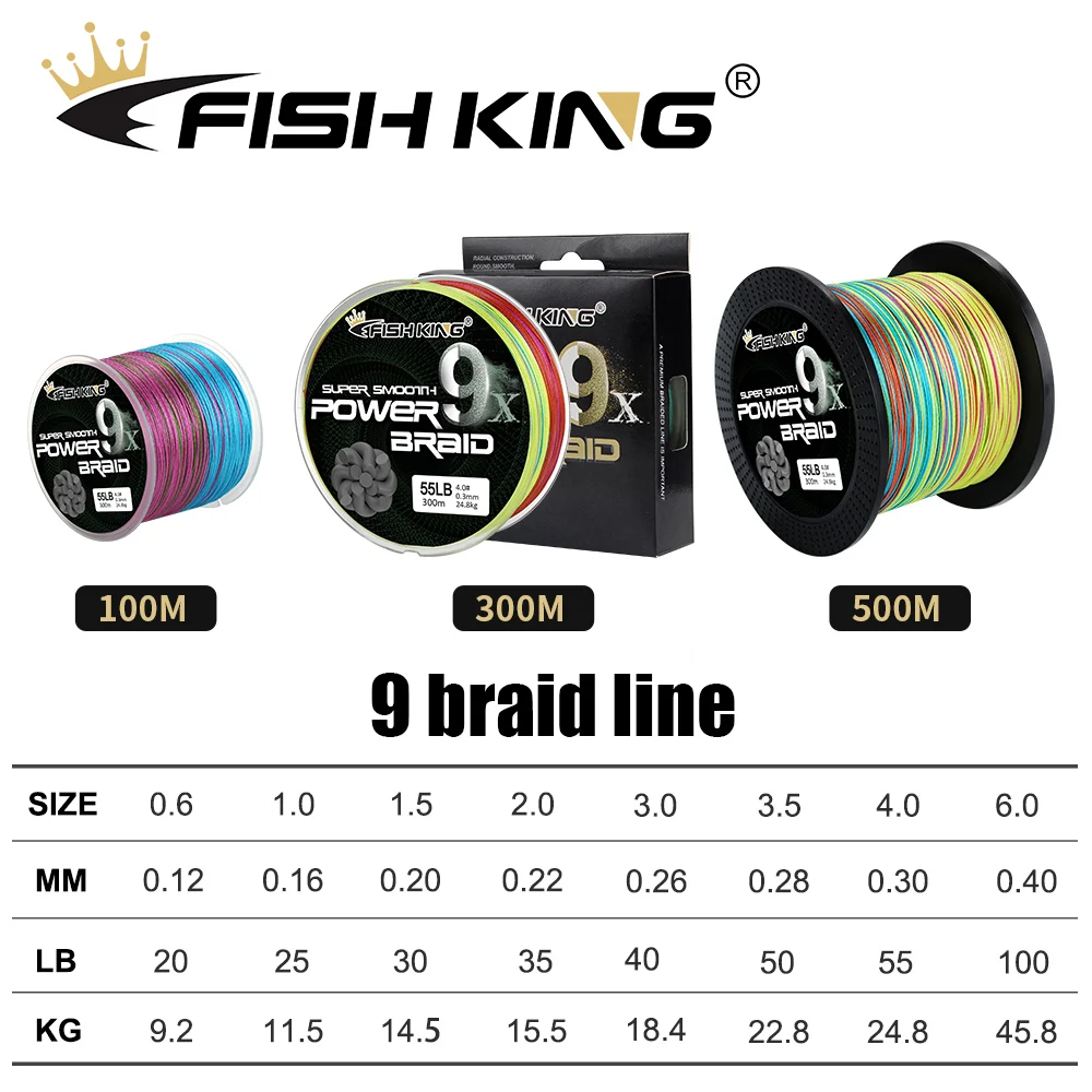 FISH KING 100M PE Fishing Line 9 Strands 20LB-100LB Multicolor  Reverse Spiral Multifilament Strong Carp Braided Fishing Line