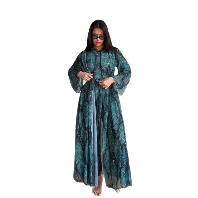 2025 American New Fashion Women's Summer Casual Trendy Printed Loose 2 Piece Swimming Sets Long Sleeve Cardigans Jumpsuit Female