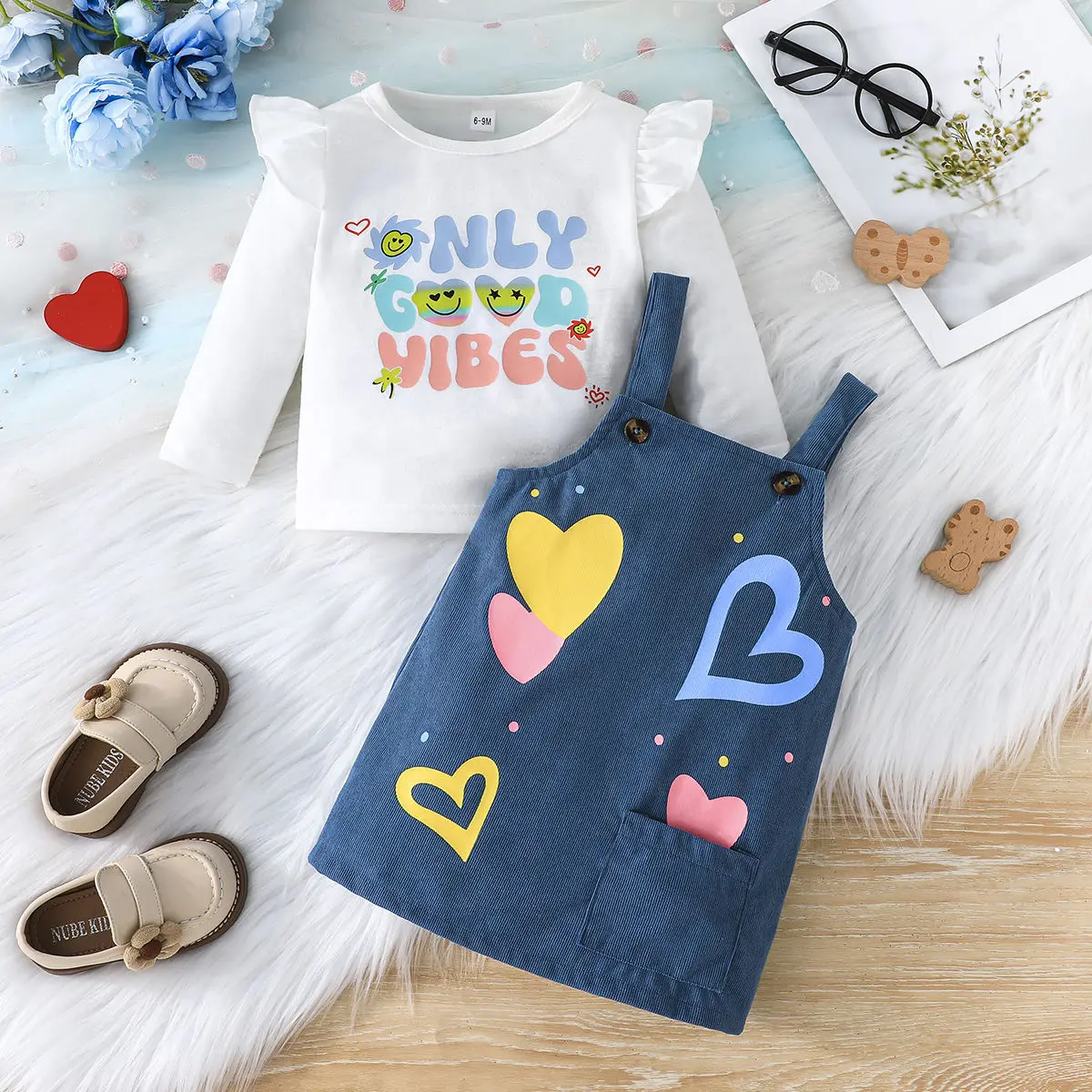 2024 New Winter Children Sets Long Sleeve Ruffles Letter T-shirt Print Strap Skirs 2 Pcs Infantil Menina Clothes Sets 6M-3T