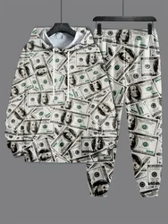 Dollar Pattern Printed Top Two Piece Men's Hooded Sweatshirt Banknote Printed Casual Hoodie Casual Fashion Sweatpants