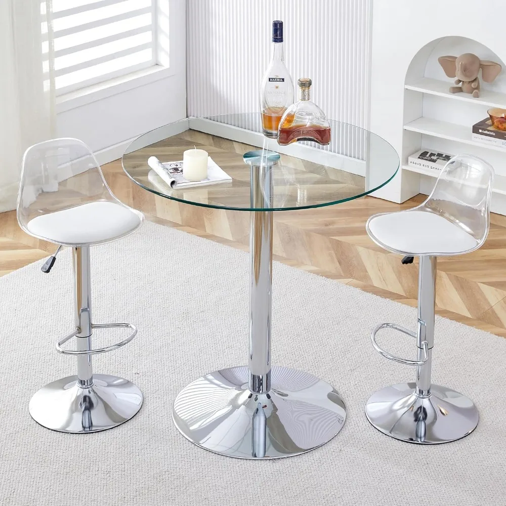 

Bar table, 2-person circular glass table and chairs, equipped with 2 silver armless adjustable rotating chairs, bar table