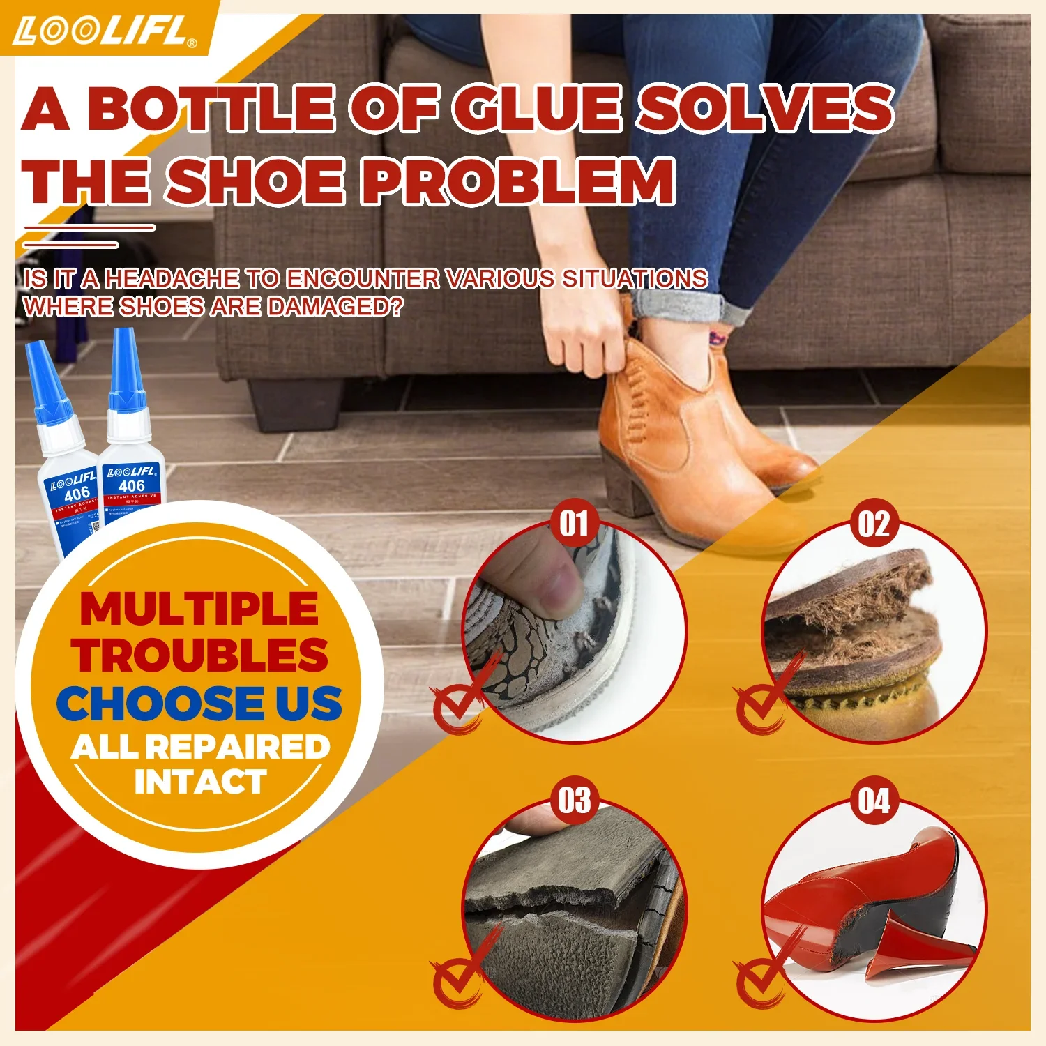 LOOLIFL 0.7oz 406 Super Shoe Glue, Instant Glue for Shoemakers, Instant Adhesive for All Shoe Repair, Powerful Bonding Liquid Glue Tool, Free Precision Dispenser.