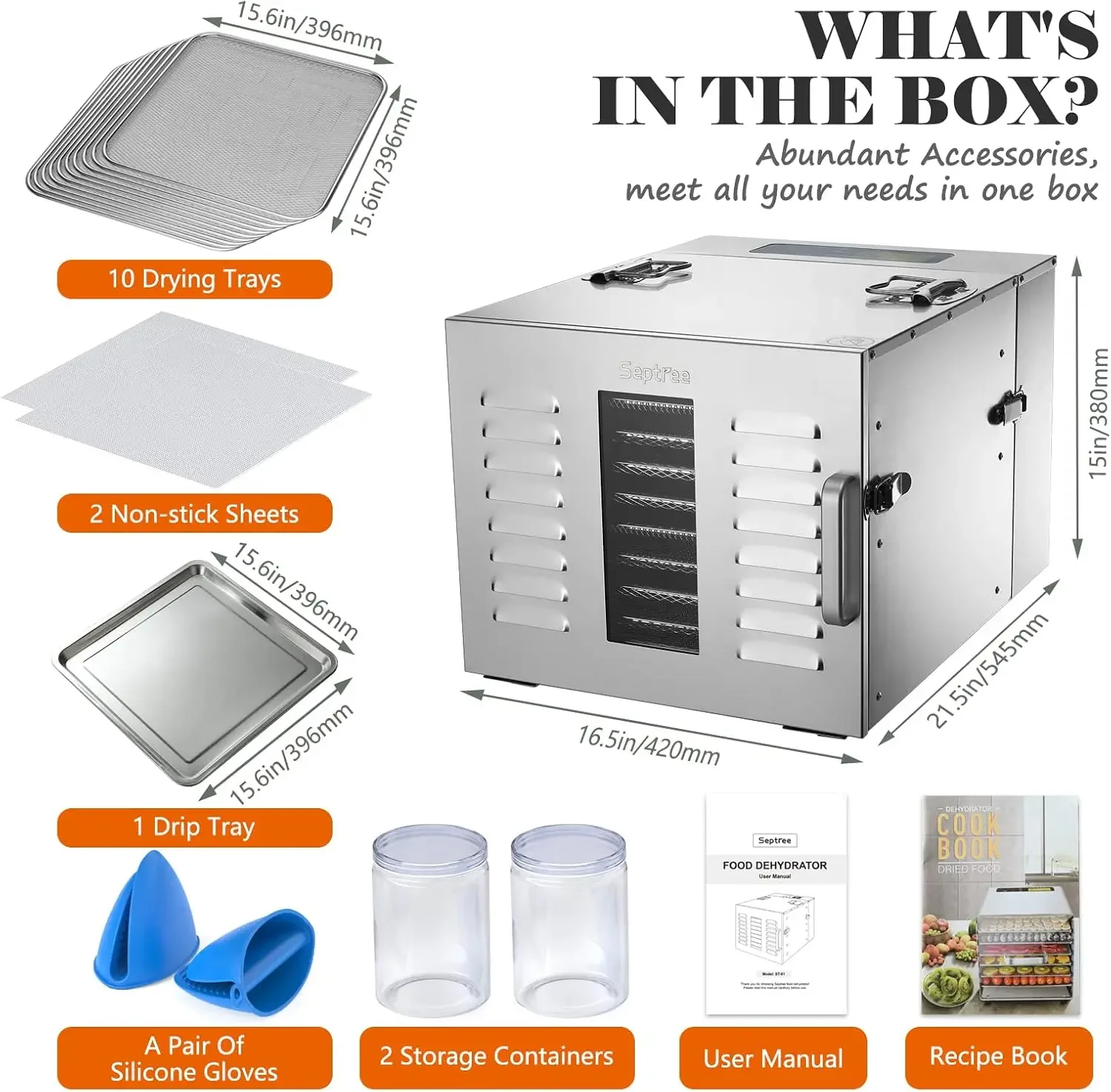 Large 10 Trays Food Dehydrator, Usable Area up to 17ft², 1000W Detachable Full Stainless Steel Dryer Machine, up to 190℉ Tempera