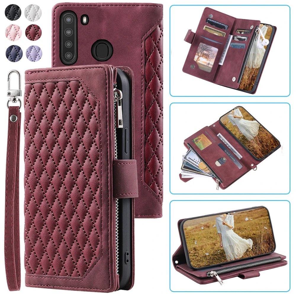 

Fashion Zipper Wallet Case For Samsung Galaxy A21 Flip Cover Multi Card Slots Cover Phone Case Card Slot Folio with Wrist Strap