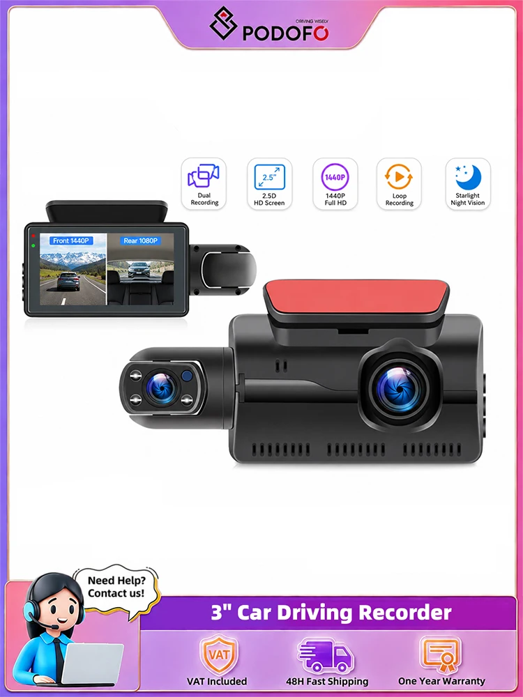 Podofo 3-Zoll-Dashcam mit Weitwinkel-DVR, Einparkhilfe, Nachtsicht, Auto-Fahrtenschreiber, Front- und Innenkamera mit Doppellinse