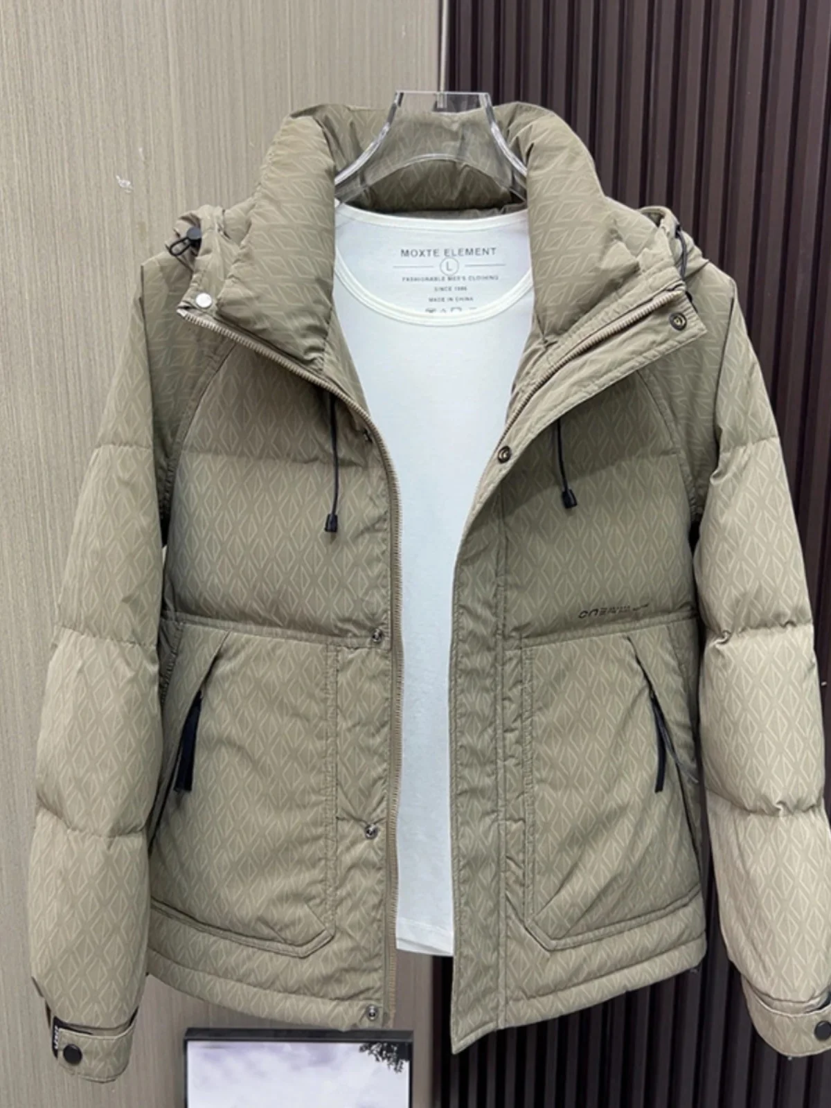 

Faionable ort Printed down Jaet Men's Trendy Cleanfit Hooded Coat Warmth And Sle Winter Wear Comfortable Polyester