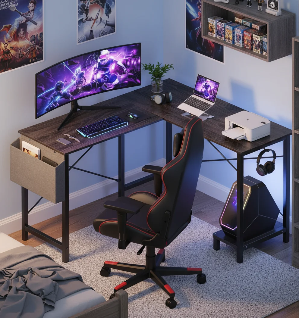 Escritorio para juegos en forma de L con marco resistente, estación de trabajo esquinera de doble monitor para oficina en casa, fácil montaje
