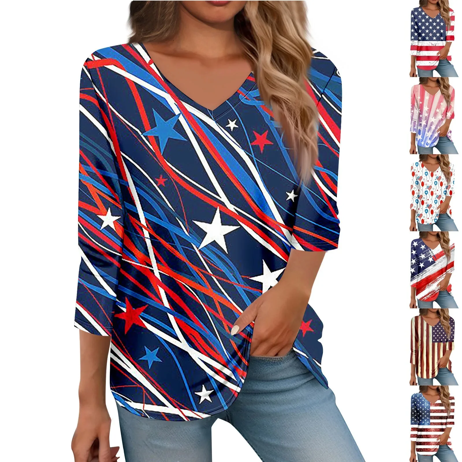 Women Summer Daily V Neck Loose Regular Tops Xxxl 3/4 Sleeve Tops For Fashion Casual Independence Day Print Tops Spring