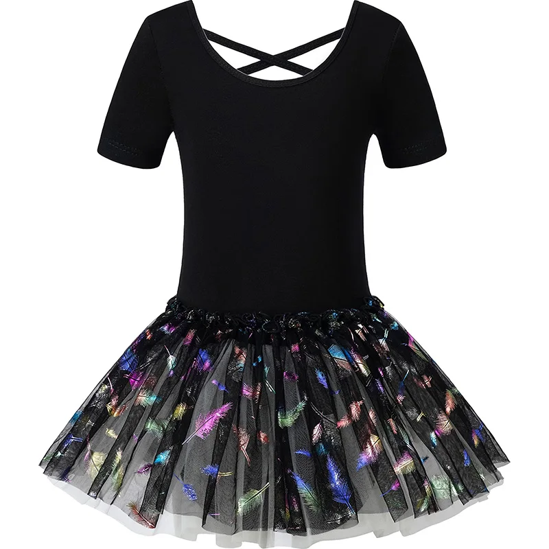 Girls Short Sleeve Dance Dress Ballet Leotard for girl Gymnastics Dance Tutu Skirts with Crisscross Back Dance Dress