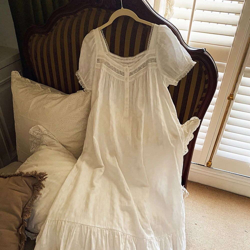 2024 French Palace Style Short Sleeve Summer Nightdress Women Homewear Gown 100% Pure Cotton Nightgown Thin Lounge Oversize