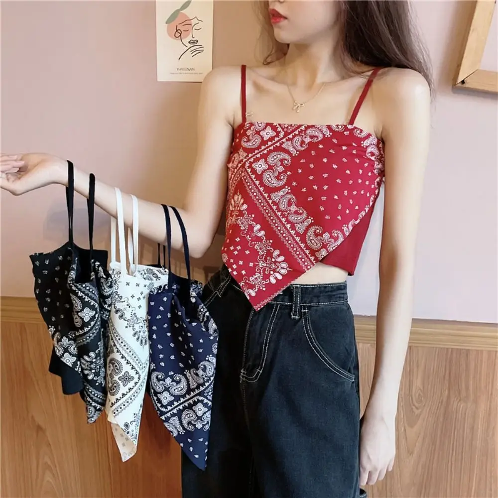 

Personality Asymmetric Women Floral Camisole Undershirts Thin Irregular Small Sling Korean Style Crop Top Square Vest Summer