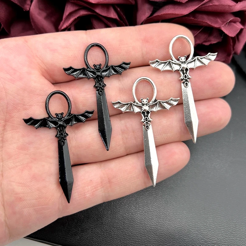 5pcs Gothic Silver Sword Bat Charm Pendant DIY Medieval Making Jewelry Accessories Alternative Style Bat Ji Sword Jewelry