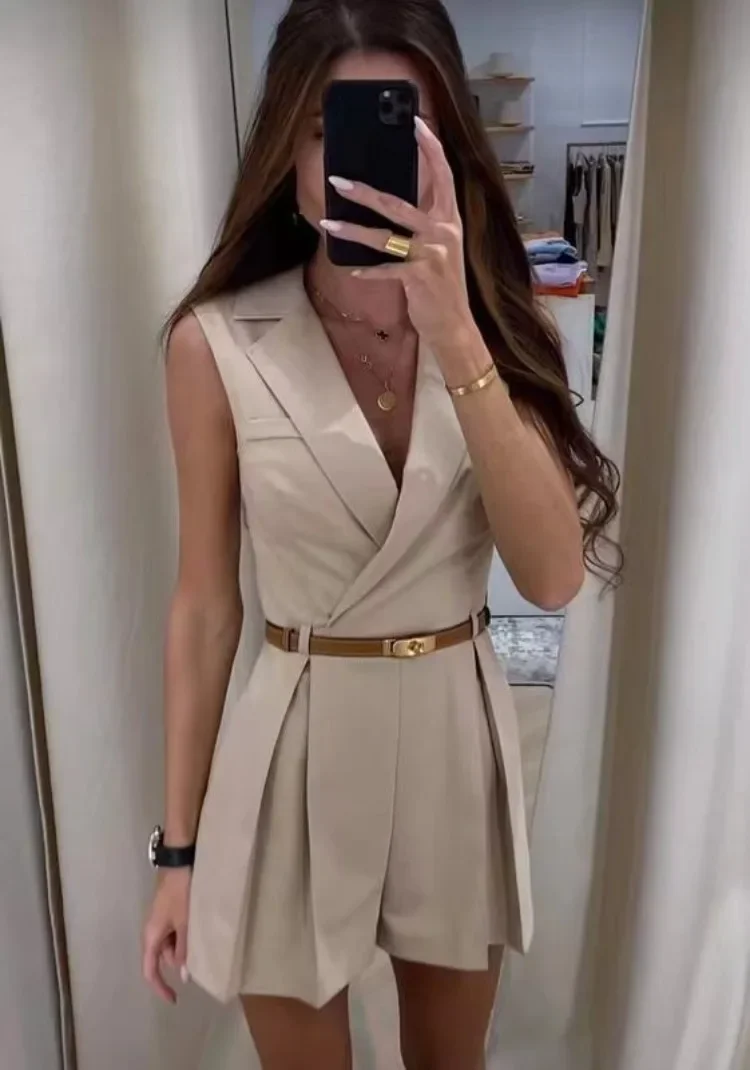 Macacão elegante feminino com cinto, sem mangas, gola virada para baixo, fino, curto, primavera, verão, Lady Romper, feminino, moda, 2022