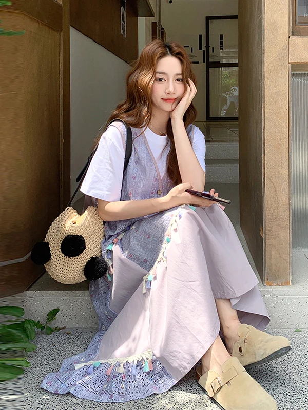 

Summer New Women's Long Skirt Set Tassel Splicing Vest Dr Tee-piece Set Purple Color Faionable And Sli