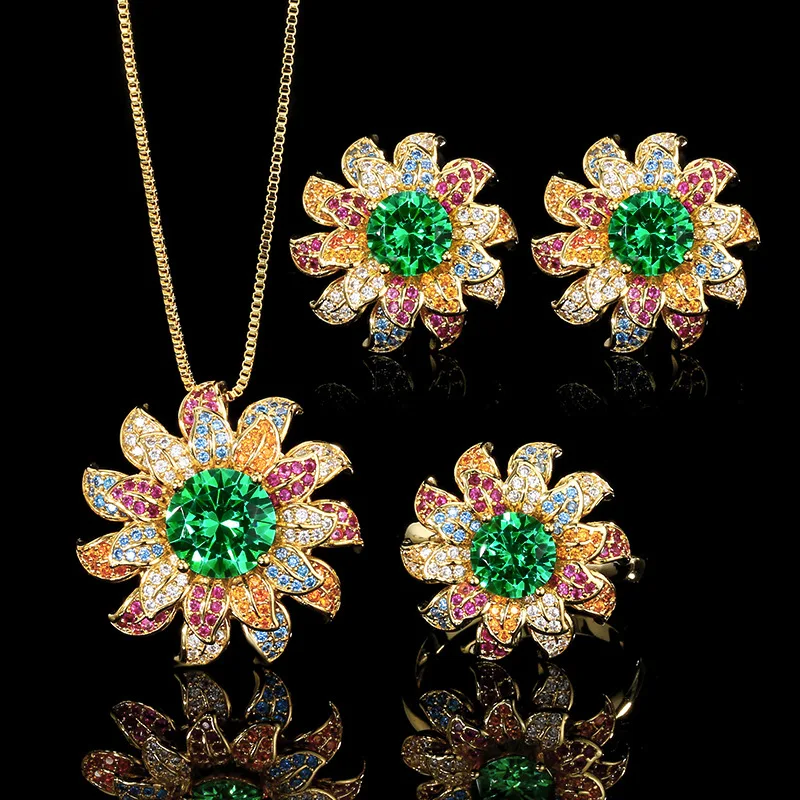 

Colorful Sunflower Shape Ring Necklace Earrings with Multicolor Zircon Fashionable Floral for Women Statement Jewelry Gift