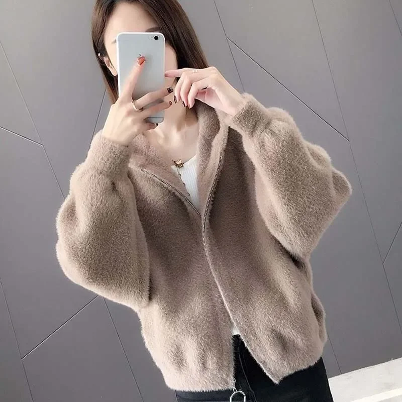 2024 Women Autumn Winter Imitation Mink Cashmere Coat Lady Loose Oversize Short Cardigan Female Casual h Knit Outerwear C120