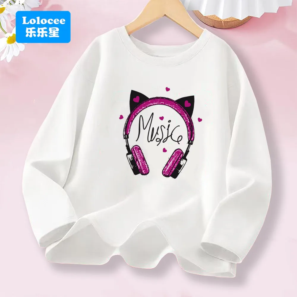 Lolocee Mädchen-T-Shirt aus Baumwolle für Musikliebhaber, süßes Katzen-Kopfhörer-Design, grafische Oberteile, lässiges Kindermode-Langarm-T-Shirt EJ01