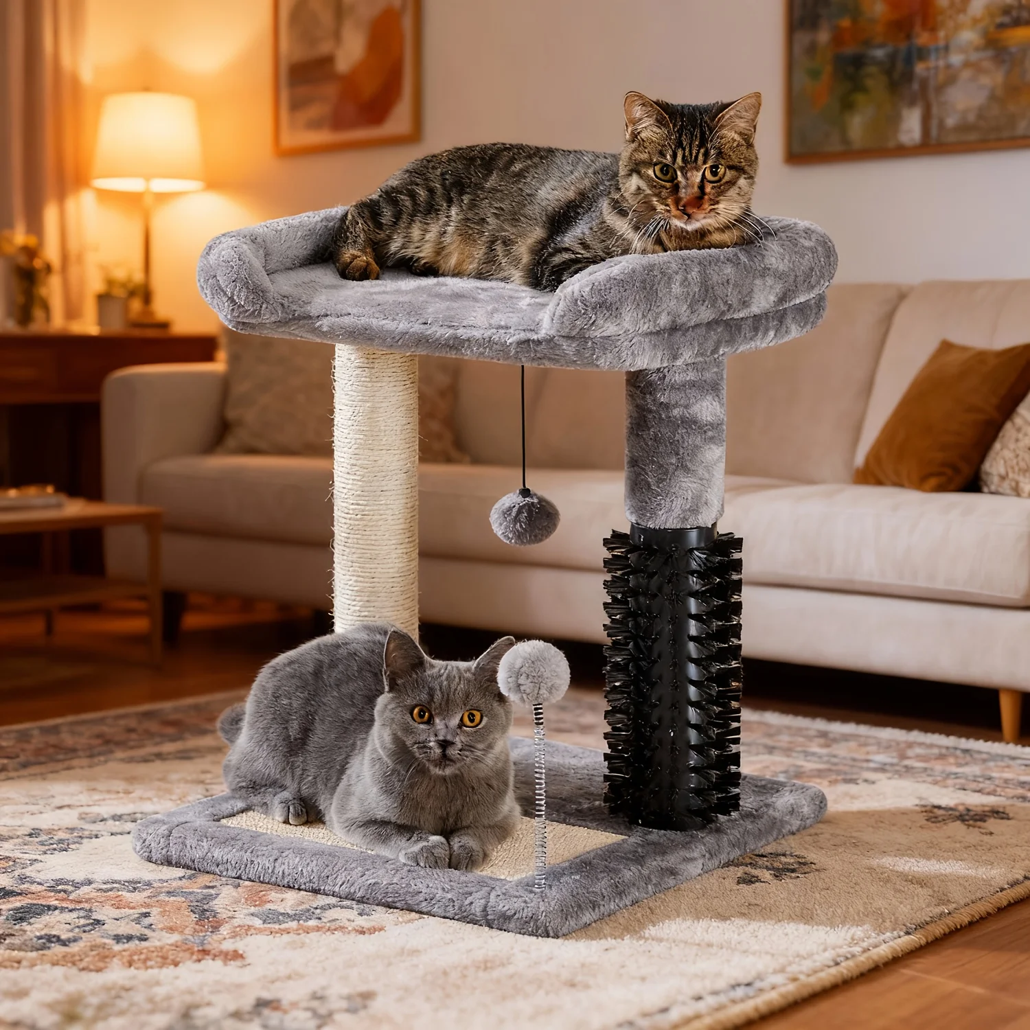 

Made4Pets 20" Grey Cat Tree Tower with Self-Groomer Brush, Natural Sisal Scratching Post, Soft Plush Perch Bed & Dangling Ball -