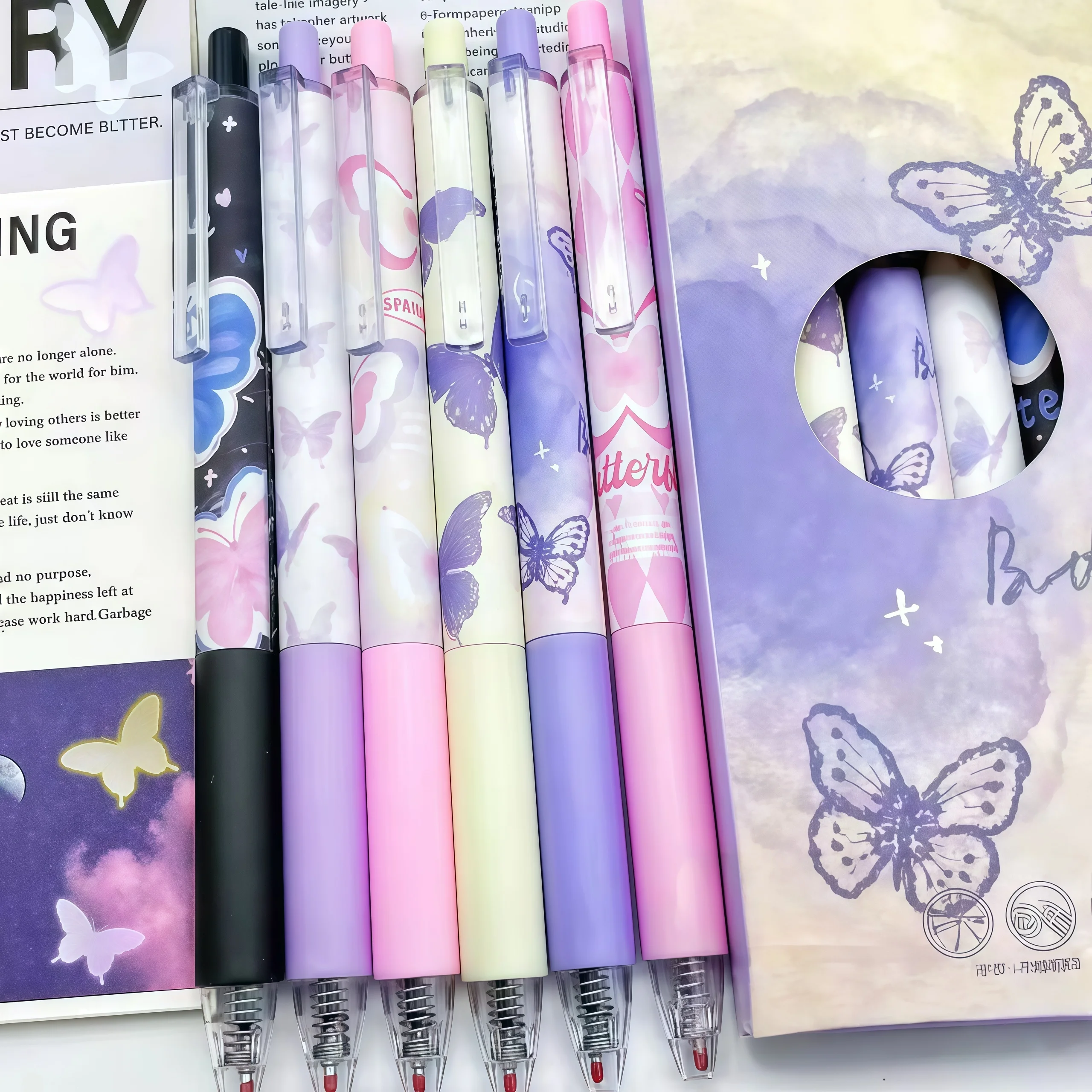 Dreamy Butterfly Retractable Gel Pens Set - High Aesthetic Appeal, Ideal for Students' Exams & Daily Practice, Cute Girly Style