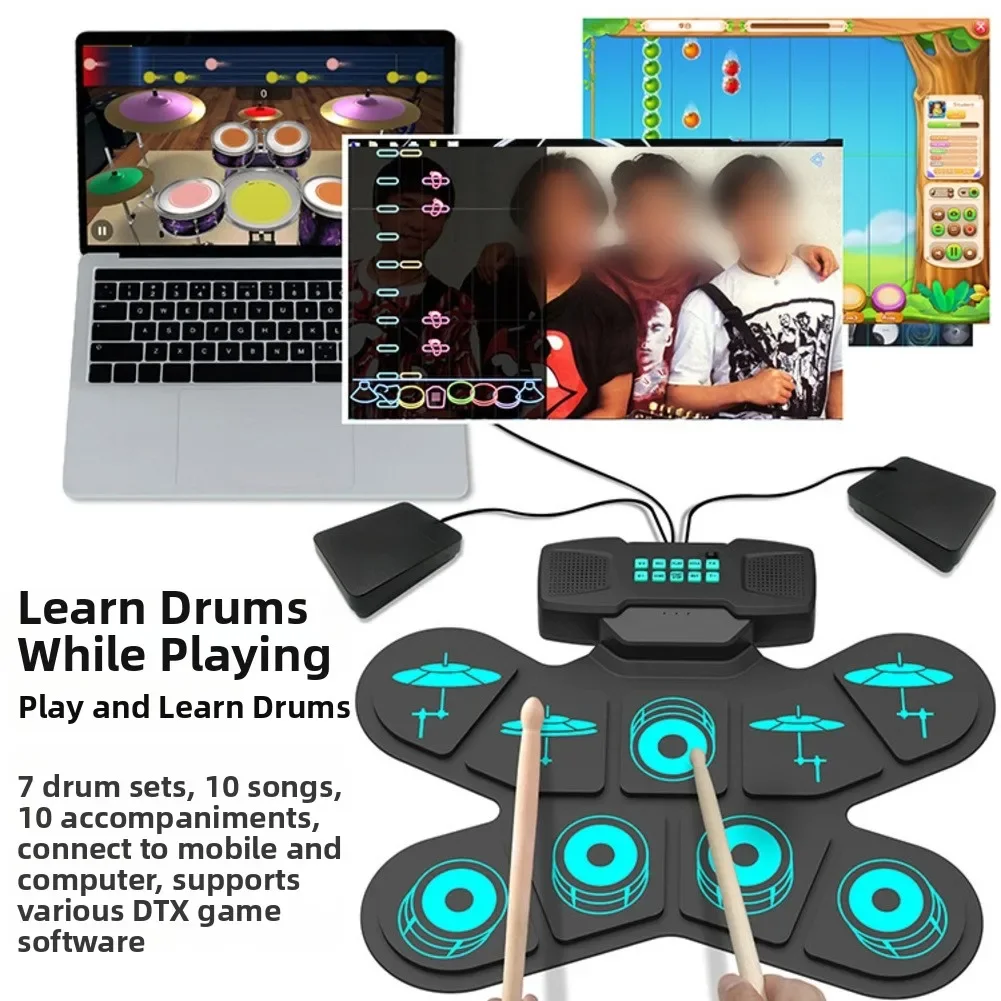 Portable Electronic Drum Set With With Drumsticks & Dual Speakers Roll-Up Drum Set For MIDI Practice Gaming Pad Drum