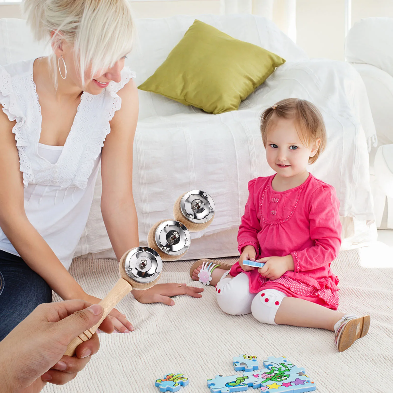 

Bell Board Wipe Hand Percussion Shaker Musical Instrument Khaki Wood Jingle Bells Stick