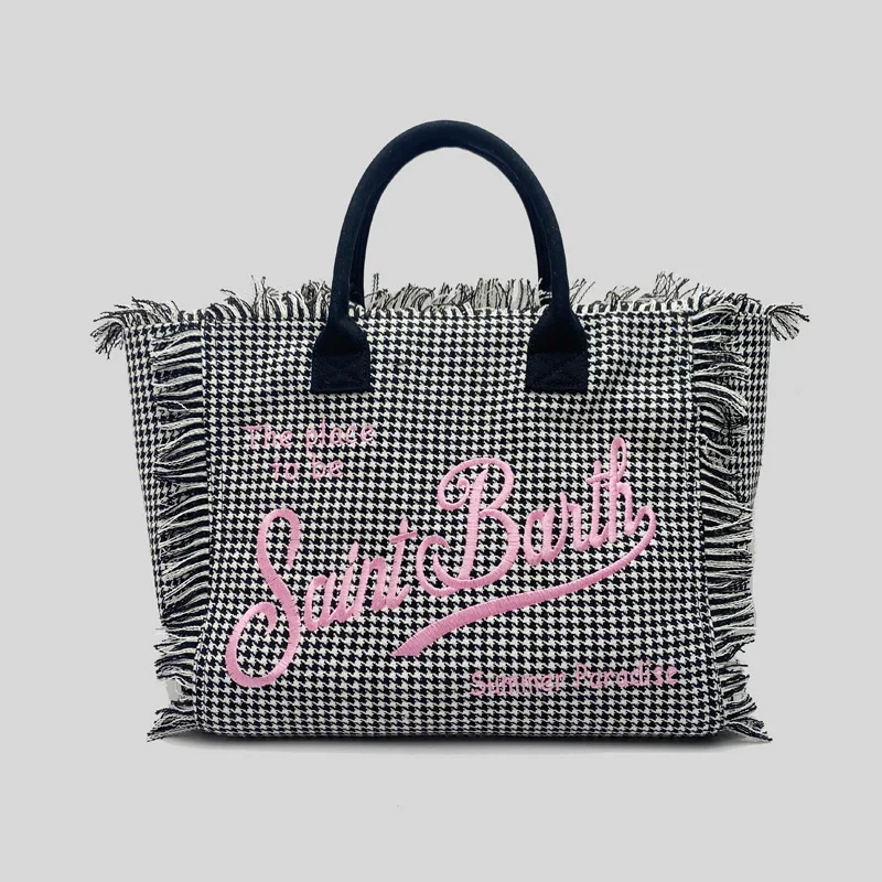 Black Plaid Embroidered Letter Tassel Handbag Summer Beach Canvas Women's Bag Large Capacity Commuting Handbag New Shopping Bag